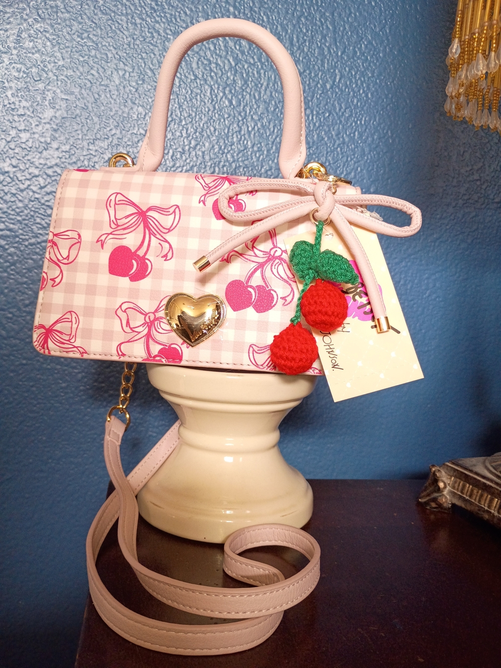Pink Cherry-Print Mini Satchel with Cherry Charm